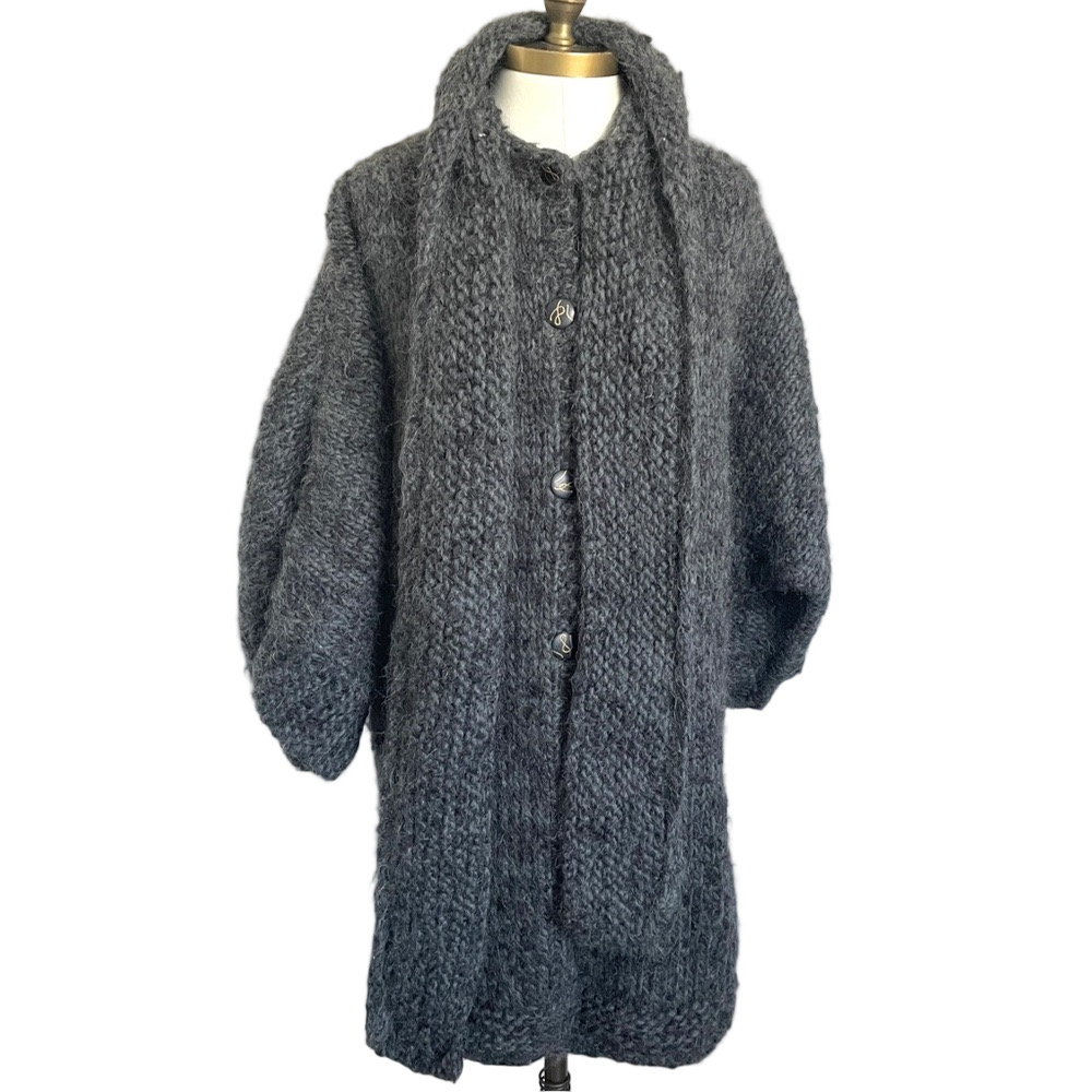 Handmade Gray Chunky Knit Long Cardigan w/ Attached Scarf - Medium - Picture 2 of 12